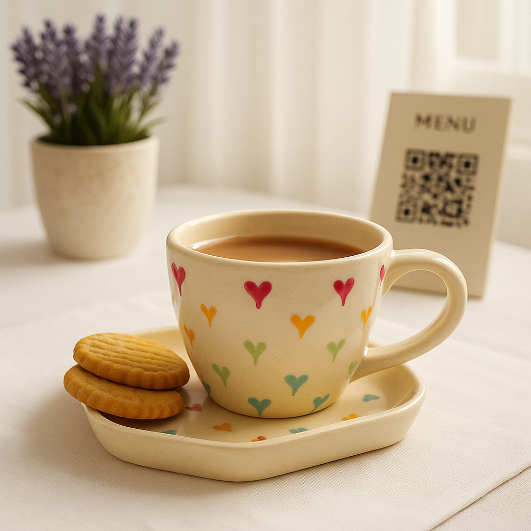 Ceramic heart mug with cookies, plate, and lavender decor in the background