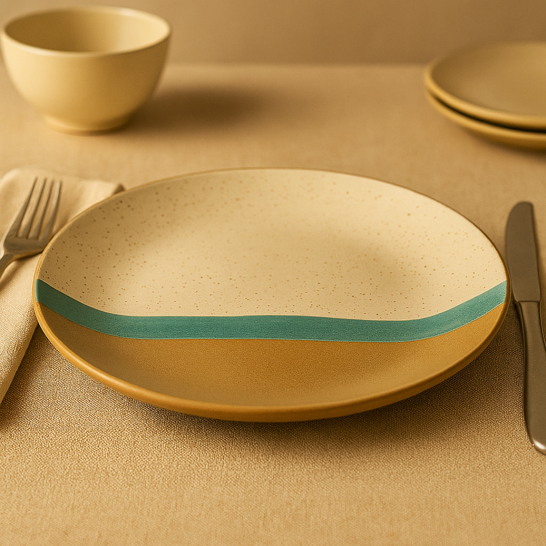 Beige ceramic plate with a green accent on a beige tablecloth, surrounded by cutlery and additional plates.