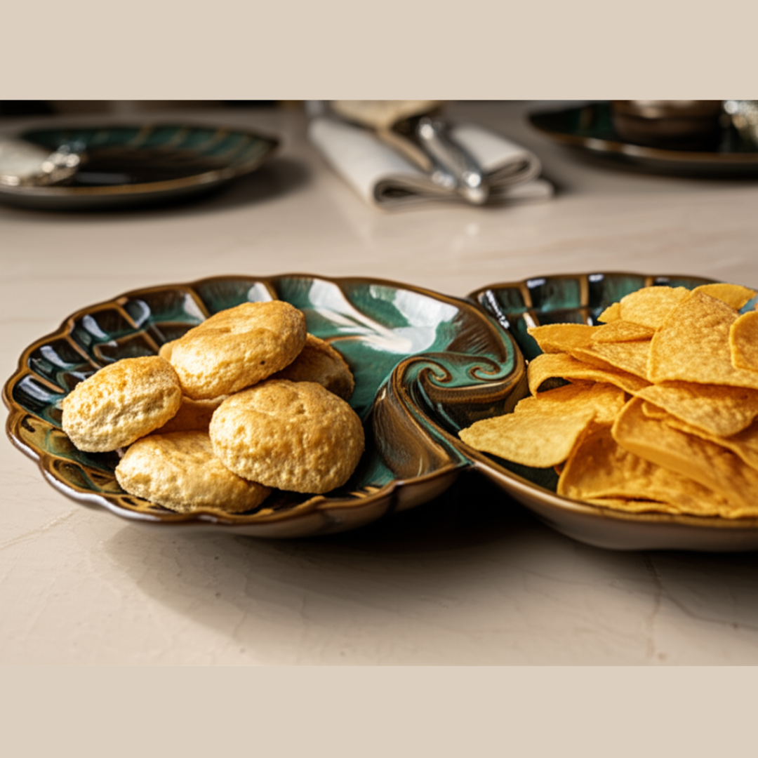 Green shell platter serving snacks in two compartments – chips and Indian puris for festive hosting