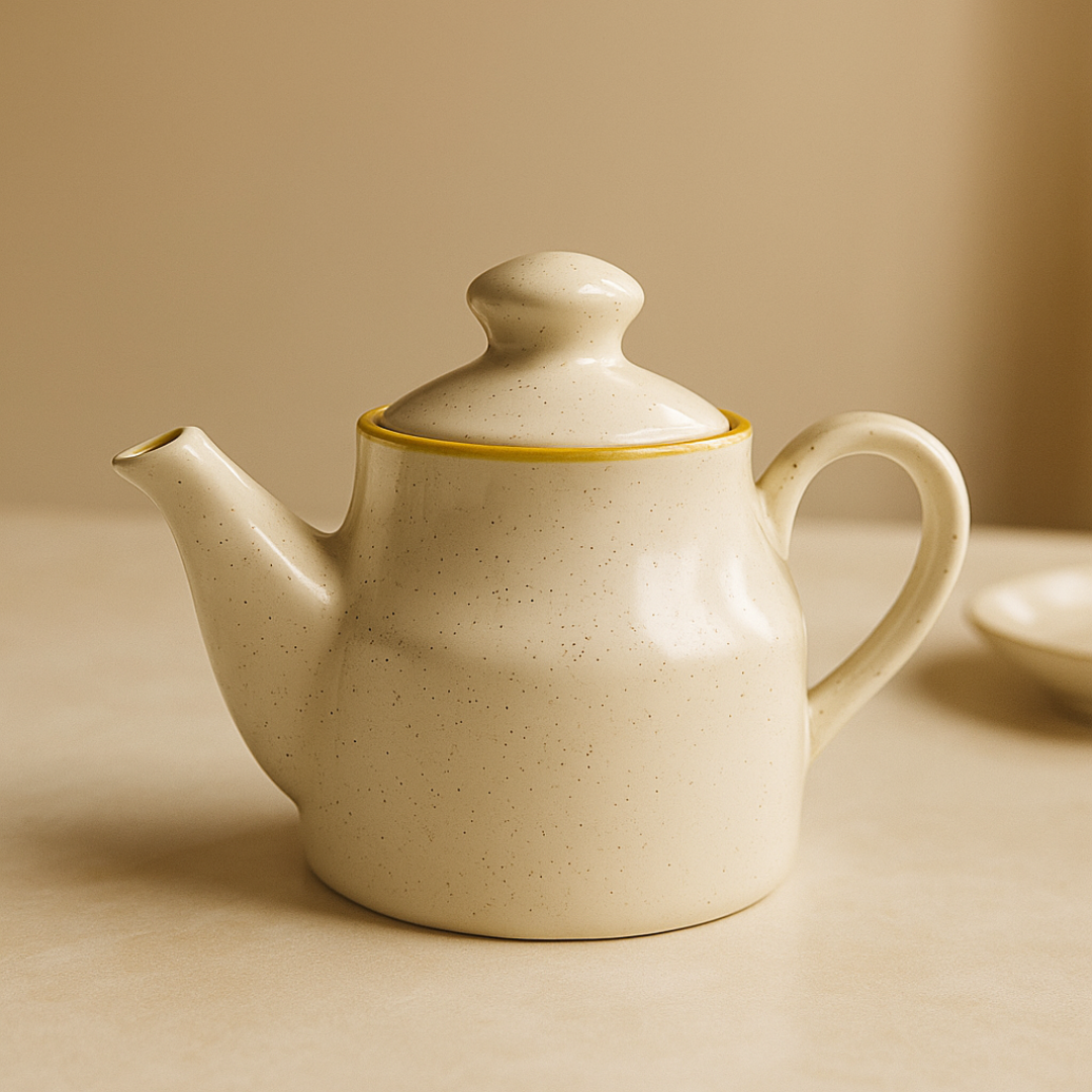 Single handcrafted beige ceramic teapot with mustard yellow rim, minimal matte finish, placed on a light cream table.