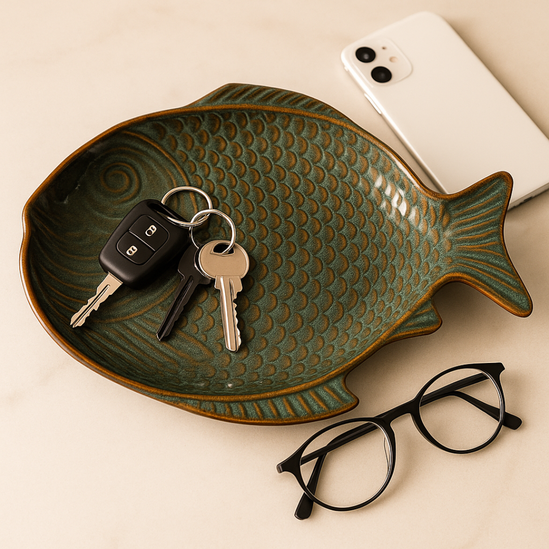 Green ceramic platter used as a catchall tray with car keys, phone, and glasses