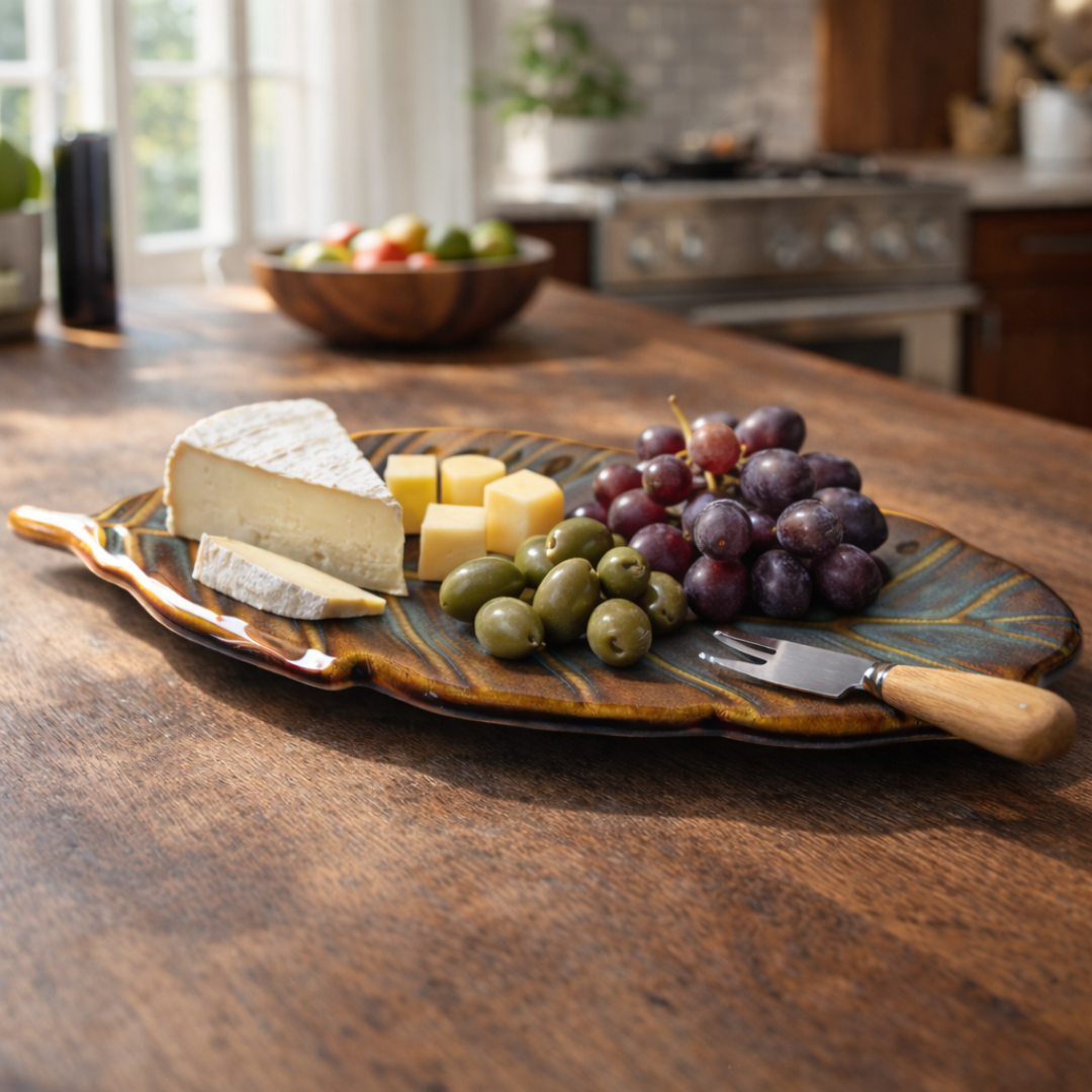 IndoCasa Handcrafted Leaf-Shaped Ceramic Platter | Brown & Green Glazed | 13” Snack & Appetiser Plate | Microwave Safe | Made in India