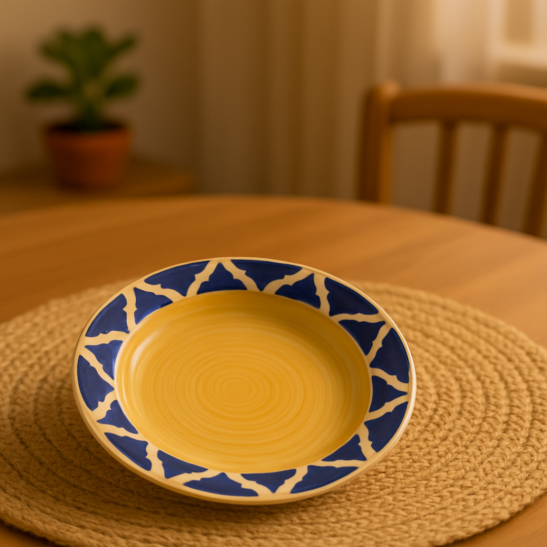 IndoCasa Handcrafted Ceramic Pasta Plate Set of 2– Yellow & Cobalt Blue Moroccan pattern