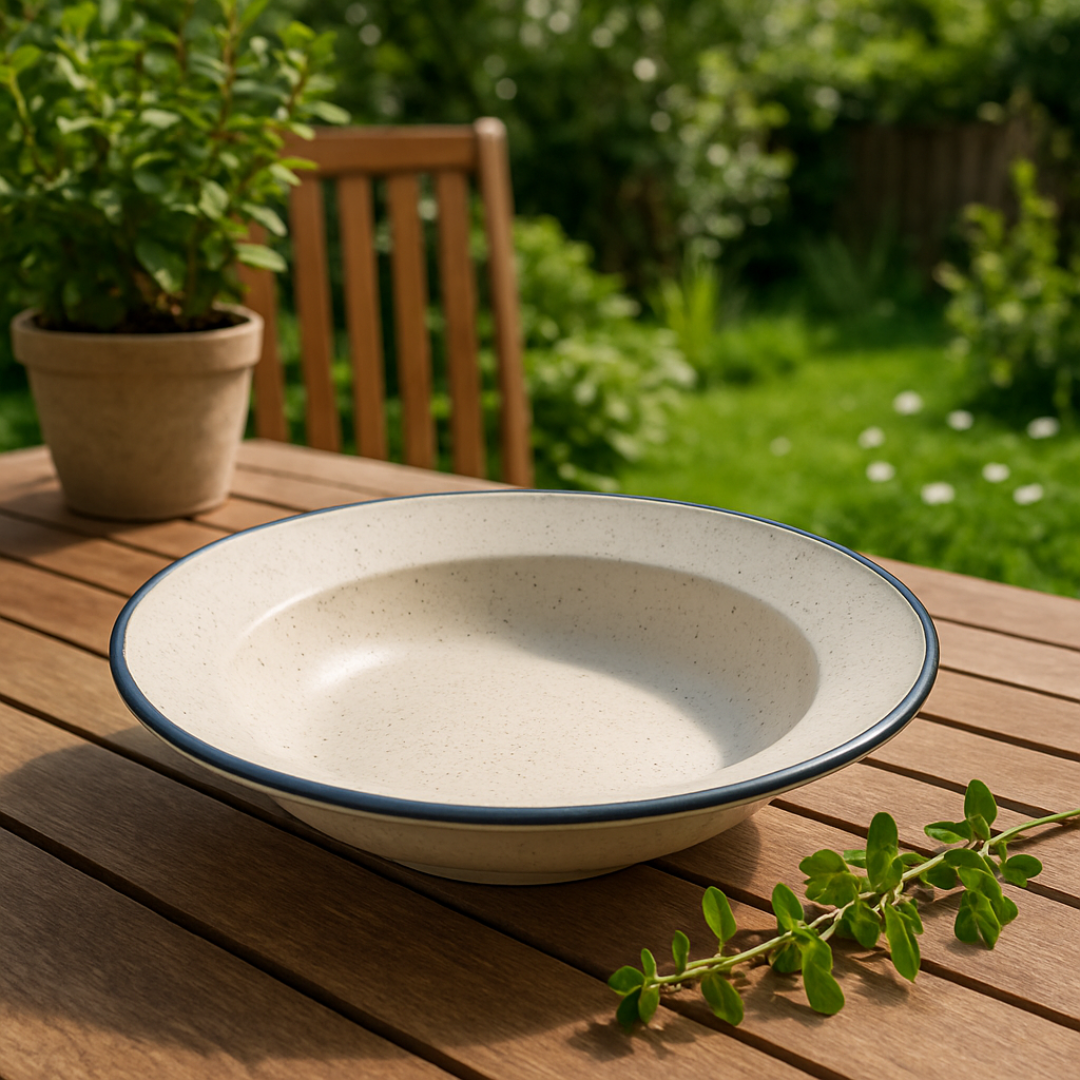 White bowl with blue rim on a wooden table outdoors