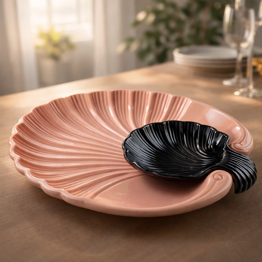 IndoCasa Shell-Shaped Ceramic Platter with Dip Bowl – White & Black | 11”