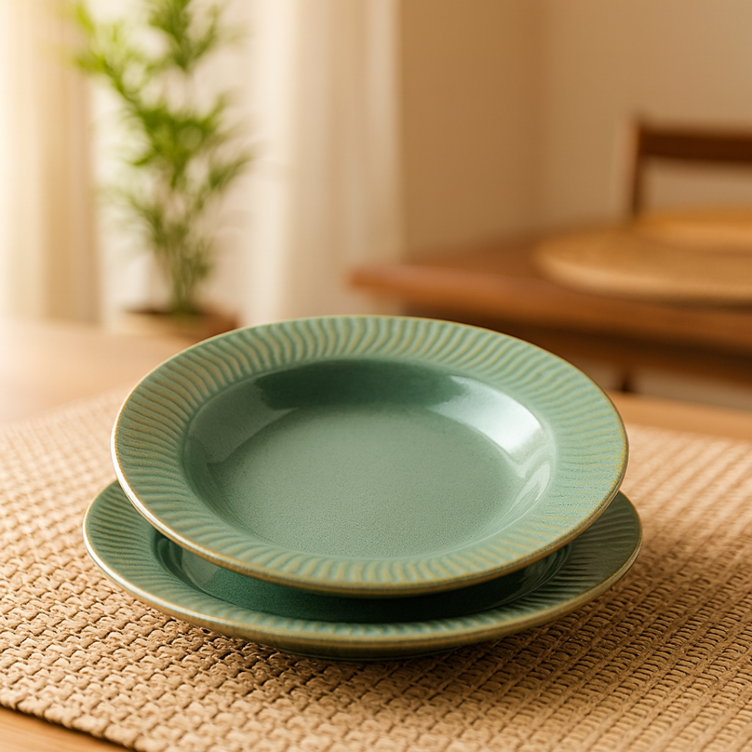 Indocasa Handcrafted Ceramic Deep Soup Plate / Shallow Bowl Set of 2 | Green Artisanal Plates for Snacks, Starters, Salad, Maggi, Noodles & Side Pasta | 7in