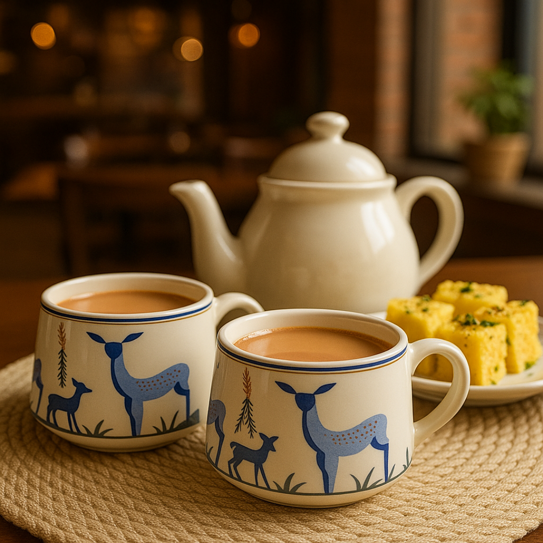 “Two IndoCasa ceramic tea mugs with chai beside a teapot and dhokla snacks – perfect for Indian tea moments.”