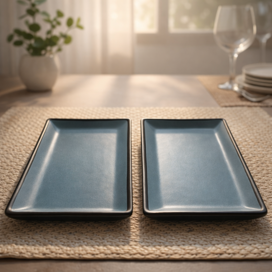 IndoCasa Handcrafted Ceramic Rectangular Serving Platter Set of 2 | Minimal Blue-Grey Glazed Platters for Snacks, Starters, Sushi & Desserts | 9.5 x 5.5 Inch | Microwave & Dishwasher Safe | Elegant Gifting