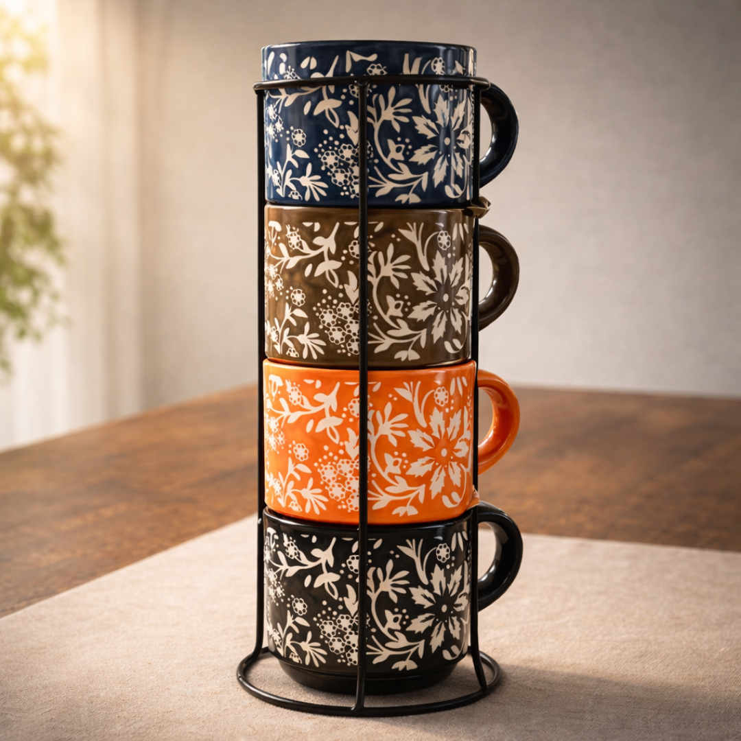 IndoCasa Ocean Floral Cups – Stackable Handcrafted Ceramic Coffee & Tea Mugs with Stand | Floral Design | Microwave & Dishwasher Safe | 220 ml (Set of 4)