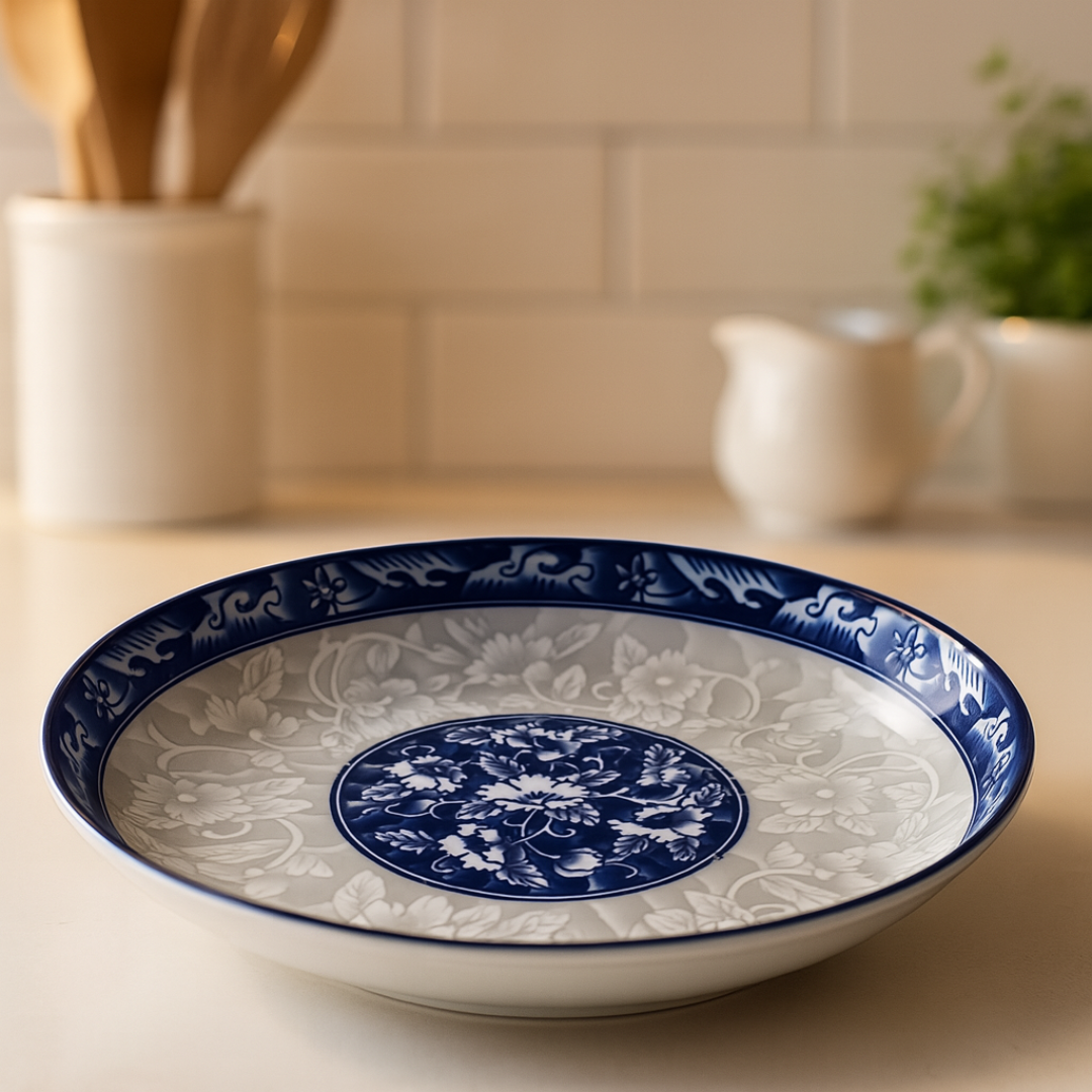 Classic IndoCasa ceramic dinnerware placed in a modern warm-tone kitchen setup