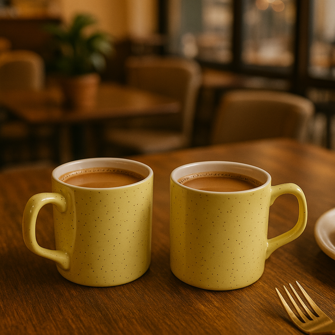 Two yellow speckled ceramic cups filled with chai on a wooden table in a cozy café setting.