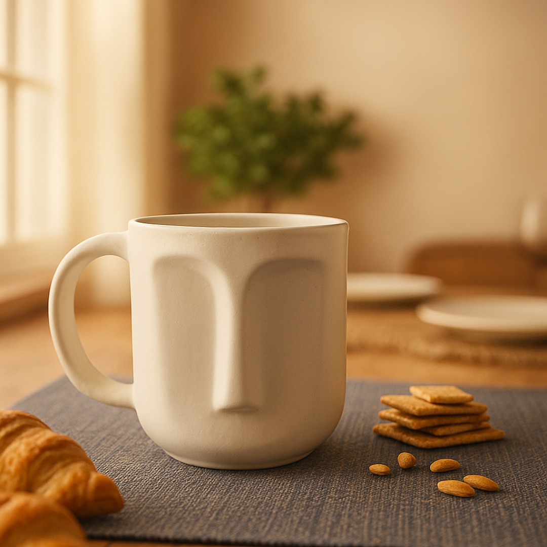“Close-up of white abstract ceramic mug with minimal face embossing, styled with biscuits and croissants – artisan tableware.”