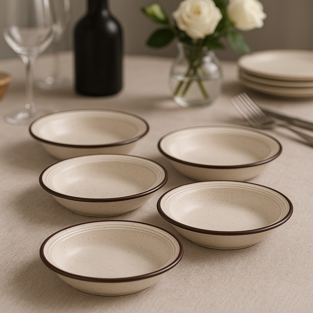 IndoCasa Handcrafted Ceramic Shallow Breakfast Bowls Set of 4 | 18 cm Speckled Off-White with Brown Rim