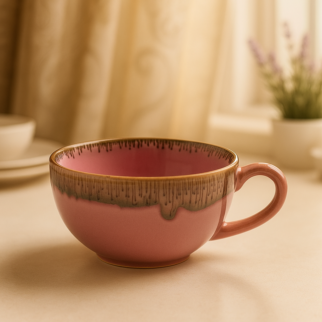 Close-up of pink ceramic teacup with rustic gold drip detailing.