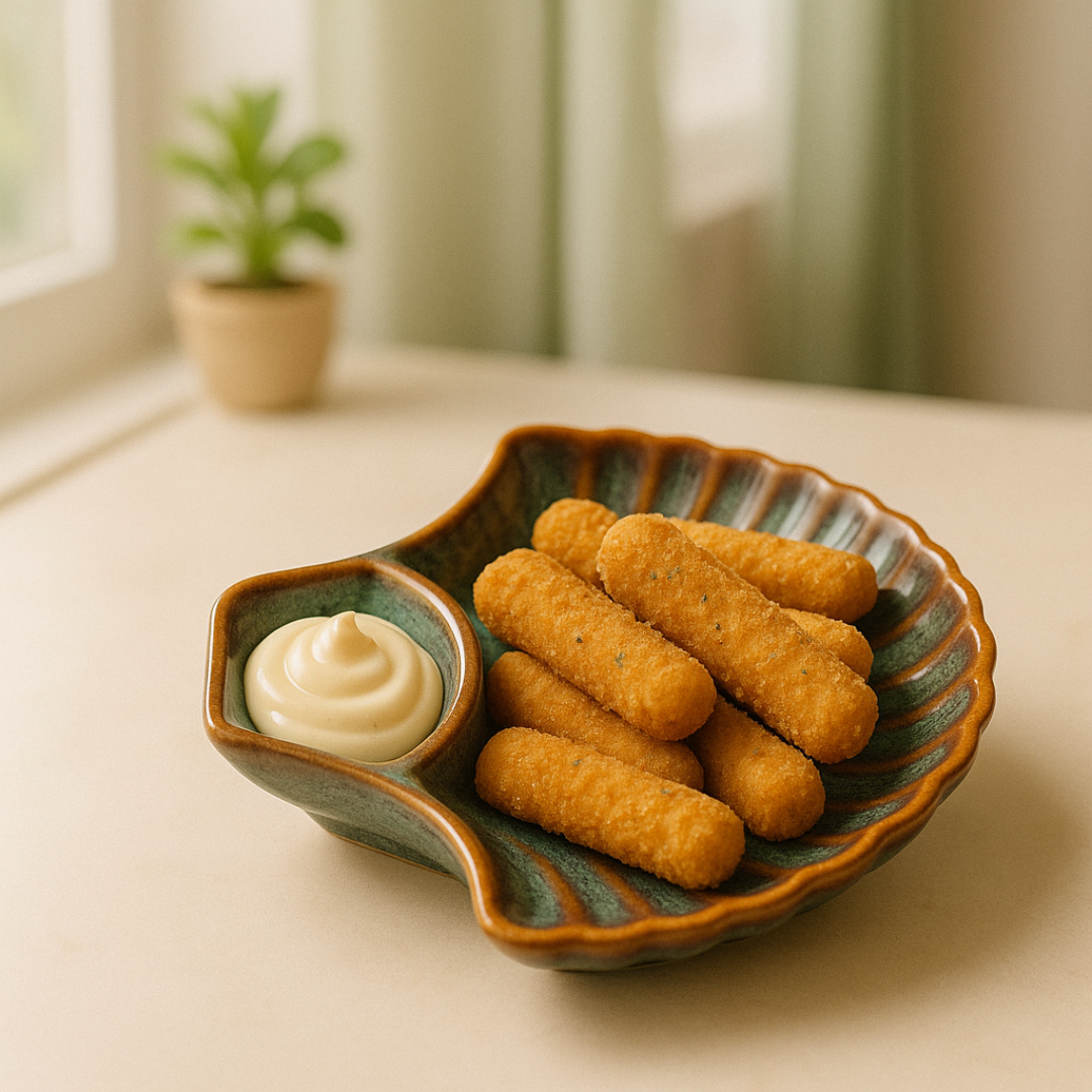 "Handcrafted ceramic platter filled with crispy vegetarian snack sticks and a dollop of creamy dip"