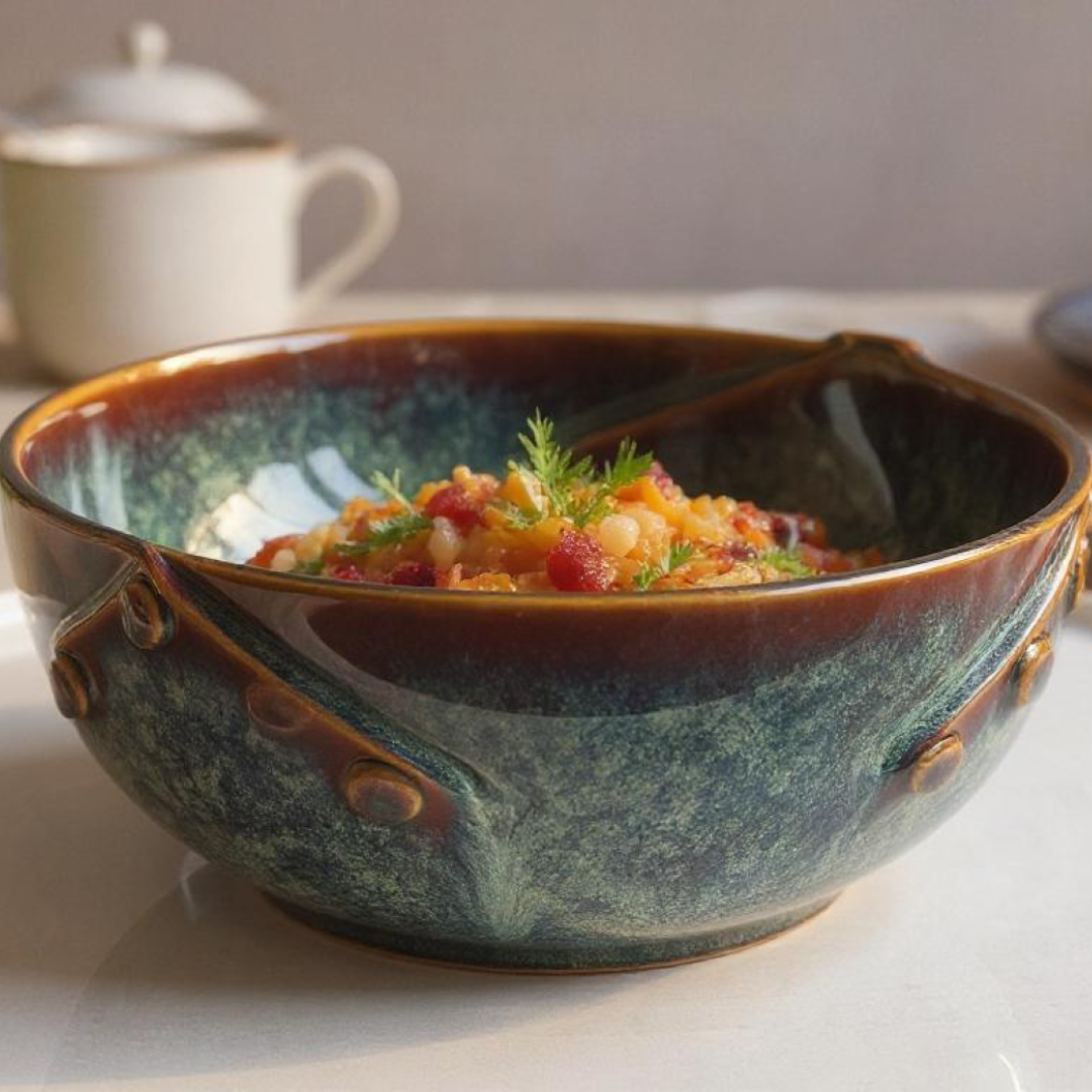 Bowl used for serving warm food, showing versatility for everyday or festive meals