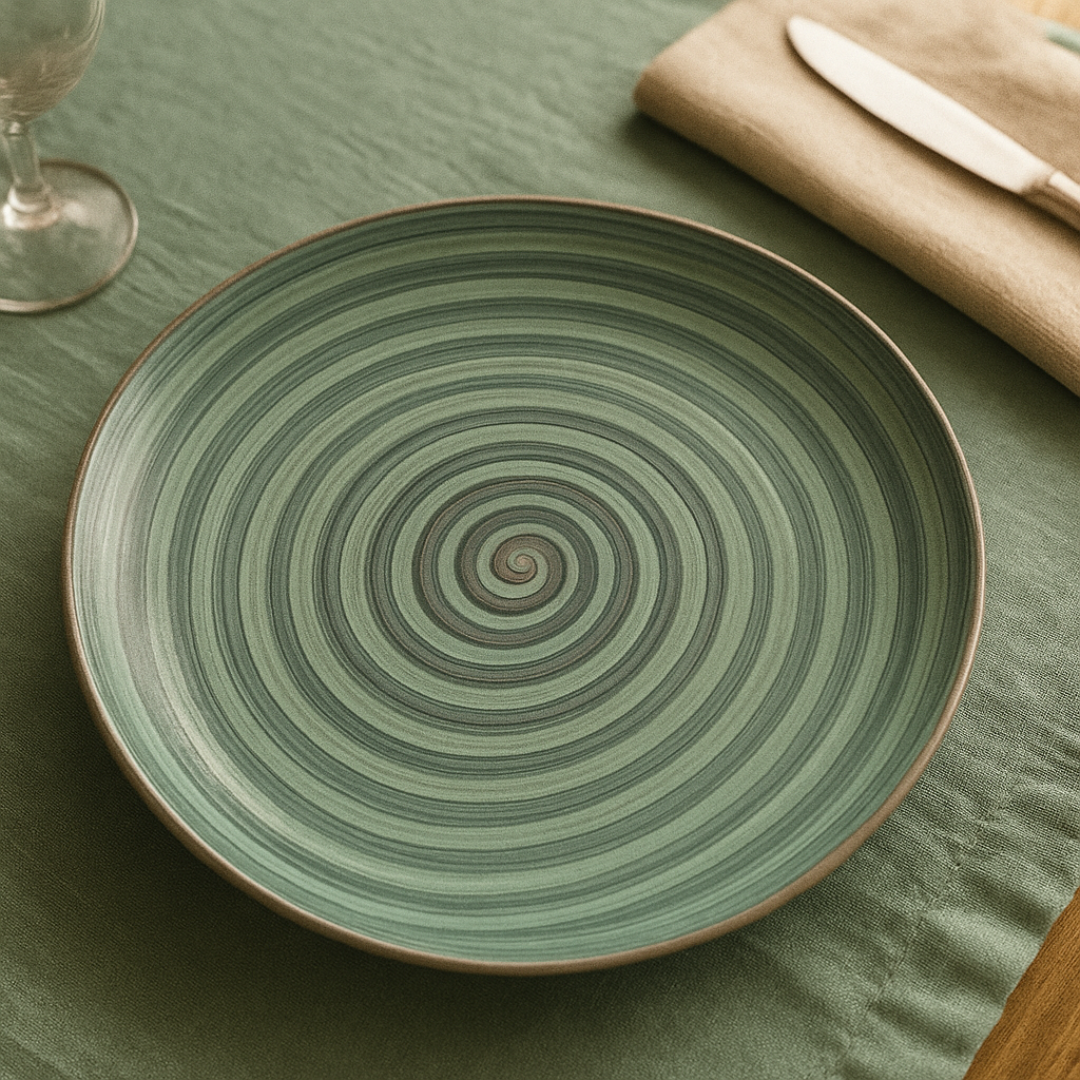 IndoCasa Handcrafted Ceramic Dinner Plate Set- 26 cm | Green Spiral Glazed Plates |Set of 4