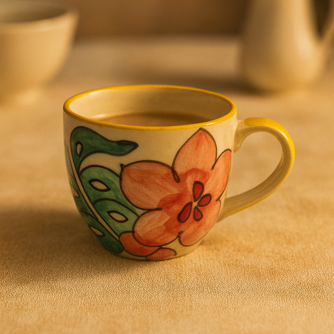 Artistic lifestyle photo of tropical ceramic tea cups in a boho café ambiance with natural sunlight and warm tones