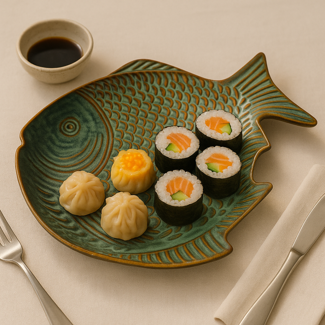 Sushi and dim sums served on a green fish-shaped ceramic platter with textured detailing