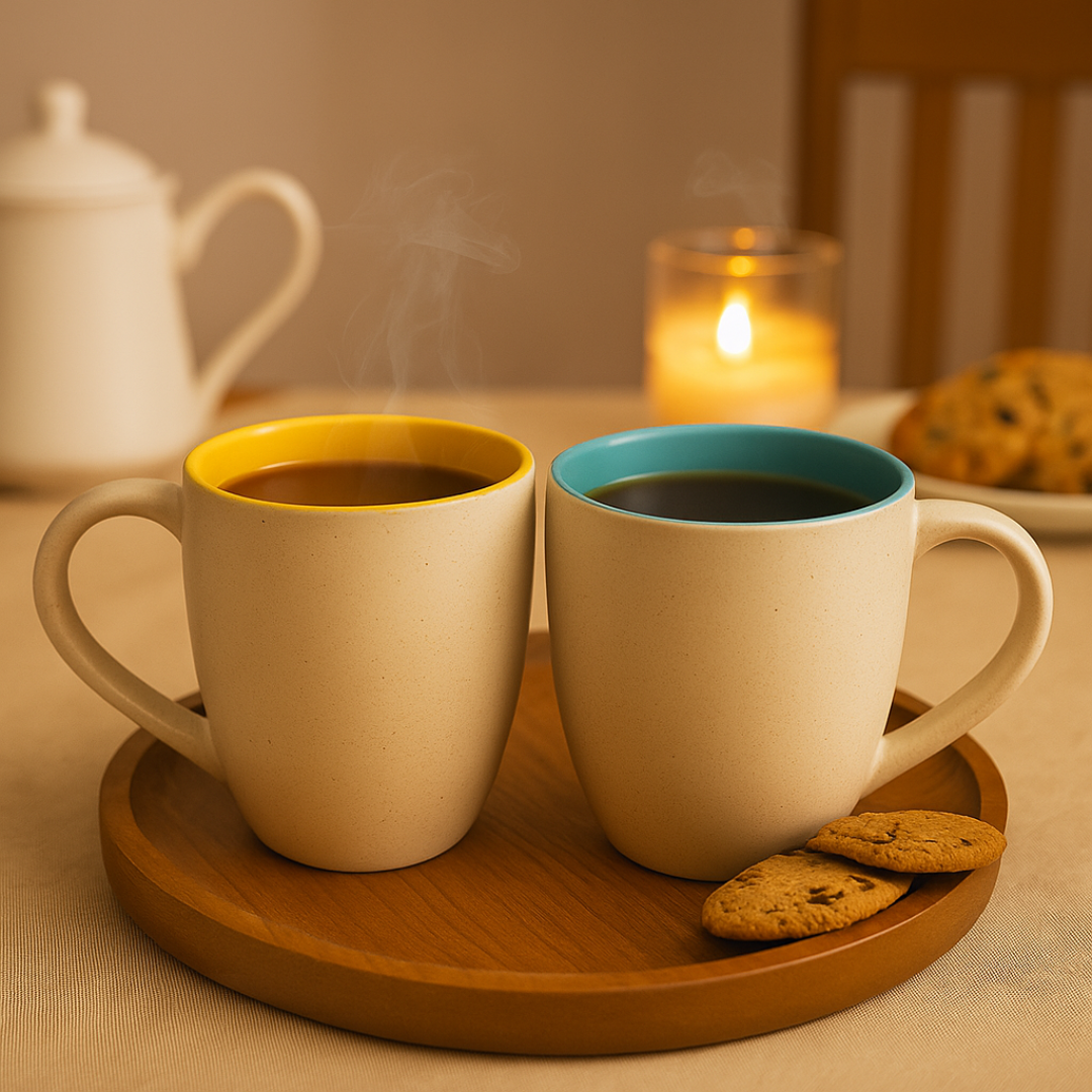 IndoCasa mugs filled with tea or coffee, on a wooden tray with cookies and candlelight