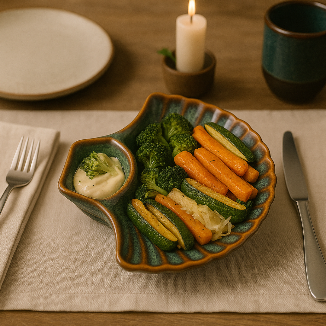 "Elegant dining table setup with IndoCasa platter serving roasted vegetables and dip, under candlelight"