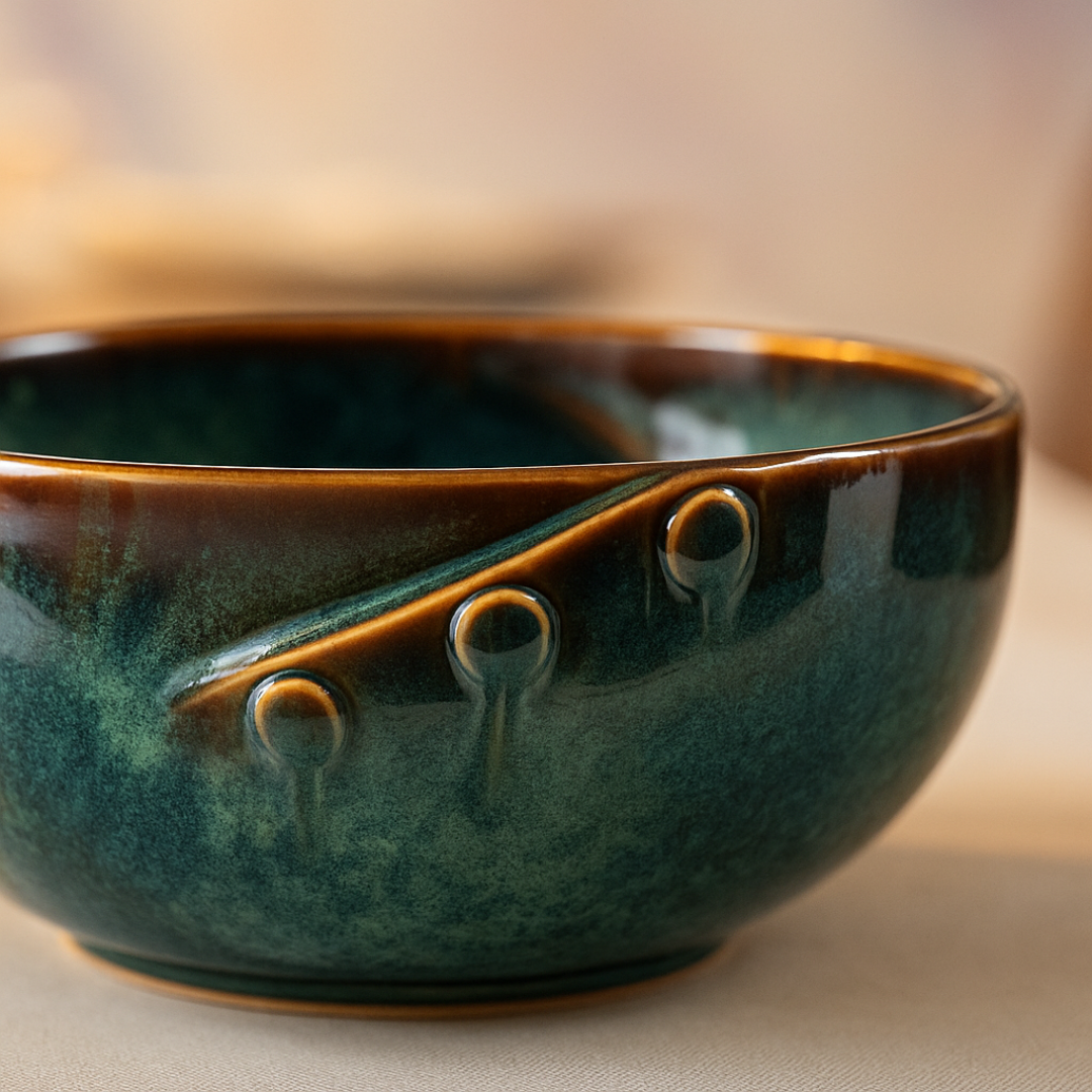 Glossy ceramic salad bowl with green glaze on a beige table – side profile