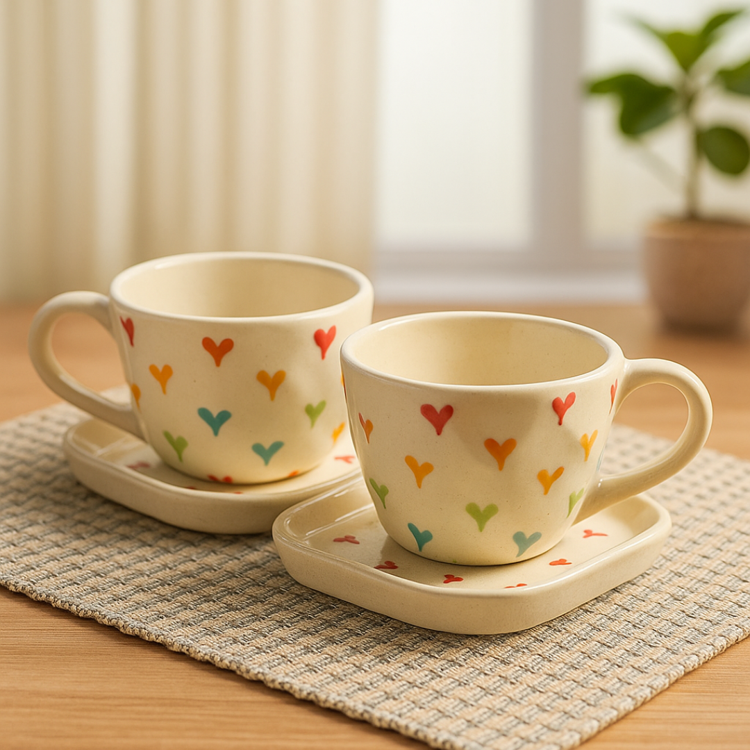 Close-up of two IndoCasa ceramic mugs on table with blurred decor in background