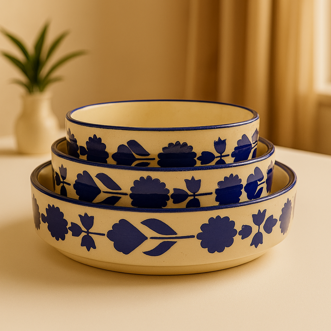 Set of three handcrafted ceramic bowls stacked together, showcasing floral blue patterns on matte beige base in warm light.