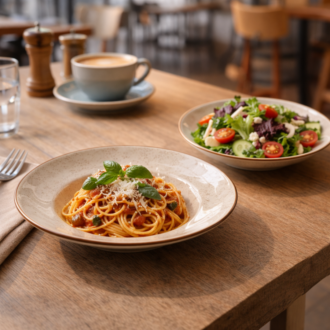 IndoCasa Handcrafted Ceramic Pasta Plates | Speckled Off-White with Brown Rim | 26.5 cm | Set of 2 / 4