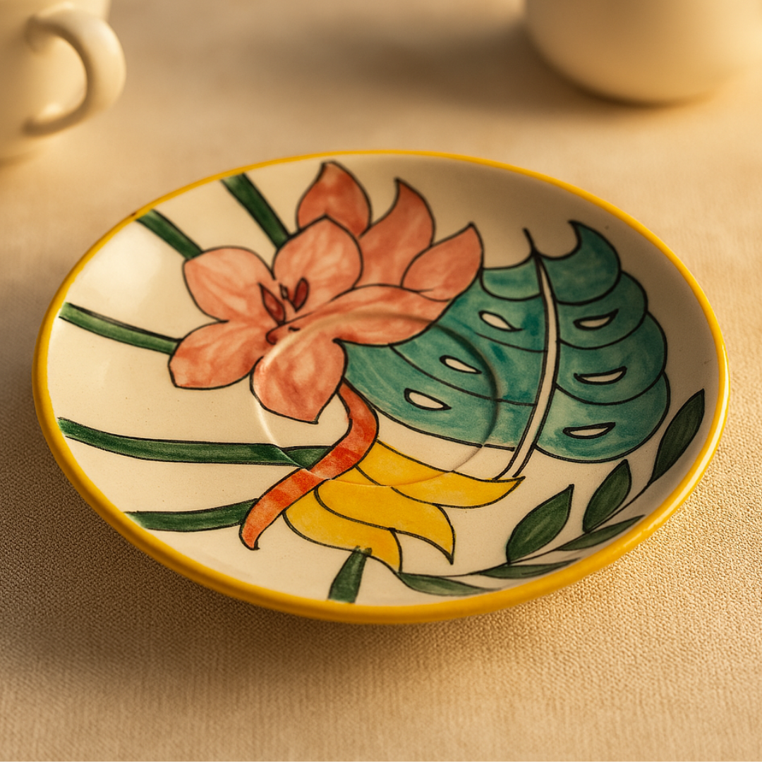 Overhead view of a floral ceramic tea plate from IndoCasa with a vibrant pink hibiscus and teal leaf design