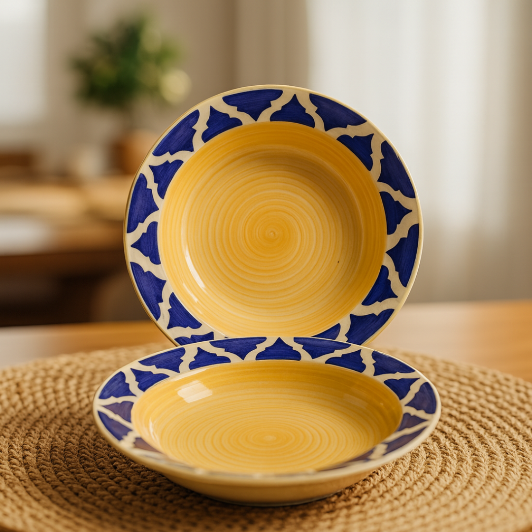 IndoCasa Handcrafted Ceramic Pasta Plate Set of 2– Yellow & Cobalt Blue Moroccan pattern