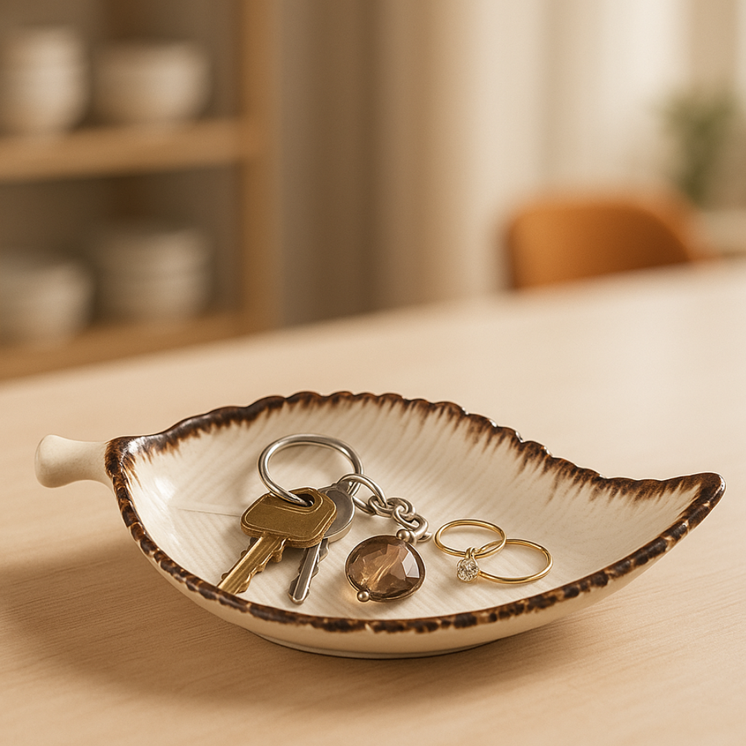 Platter used as a trinket dish — holding keys, rings, and a pendant on a minimal wooden table.