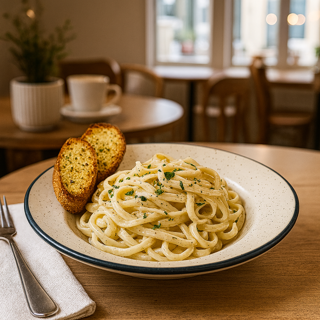 Plate of spaghetti with garlic bread on a table in a restaurant setting