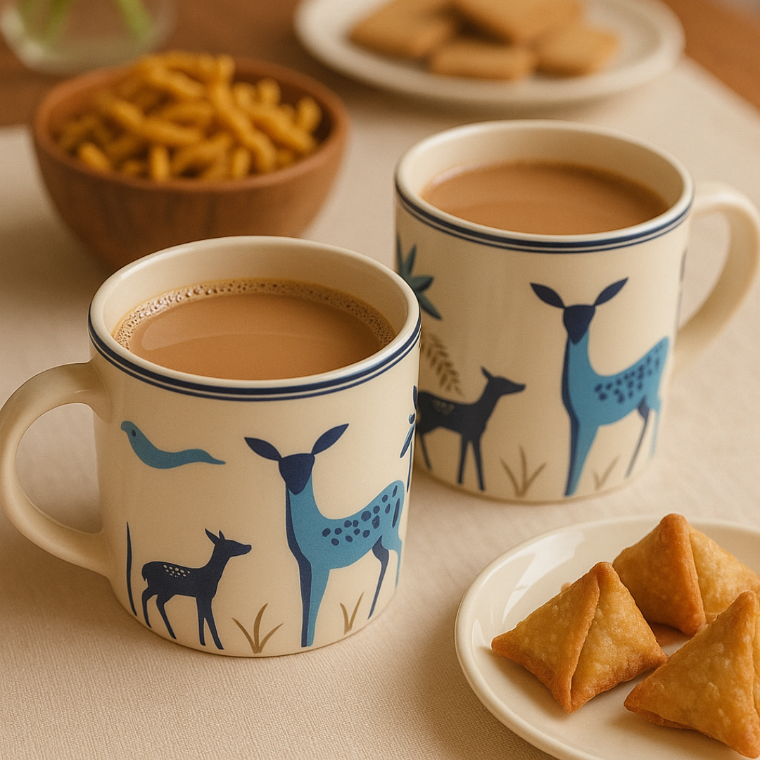 Mugs with Indian snacks and tea – lifestyle setup