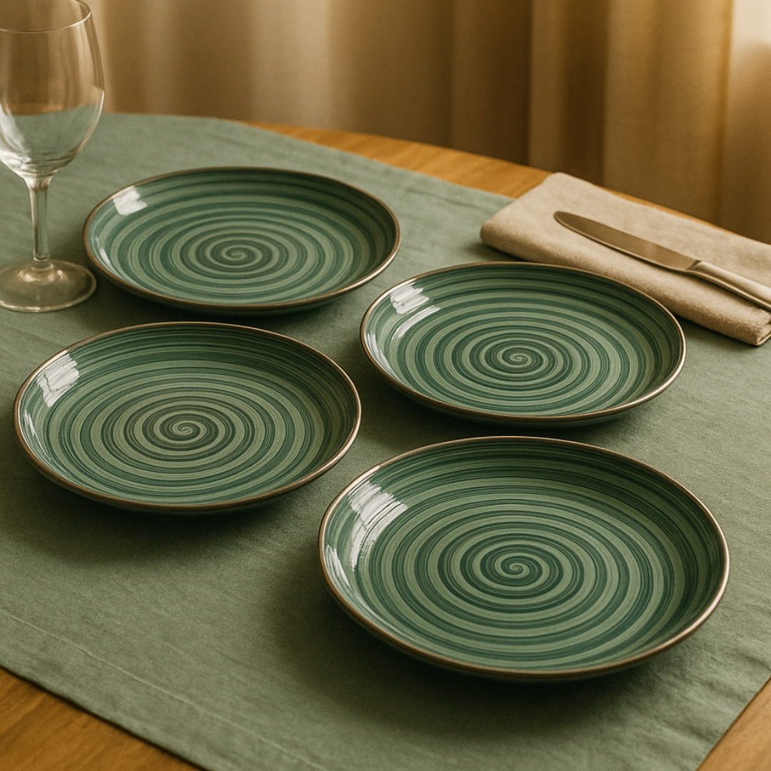 IndoCasa Handcrafted Ceramic Dinner Plate Set- 26 cm | Green Spiral Glazed Plates |Set of 4