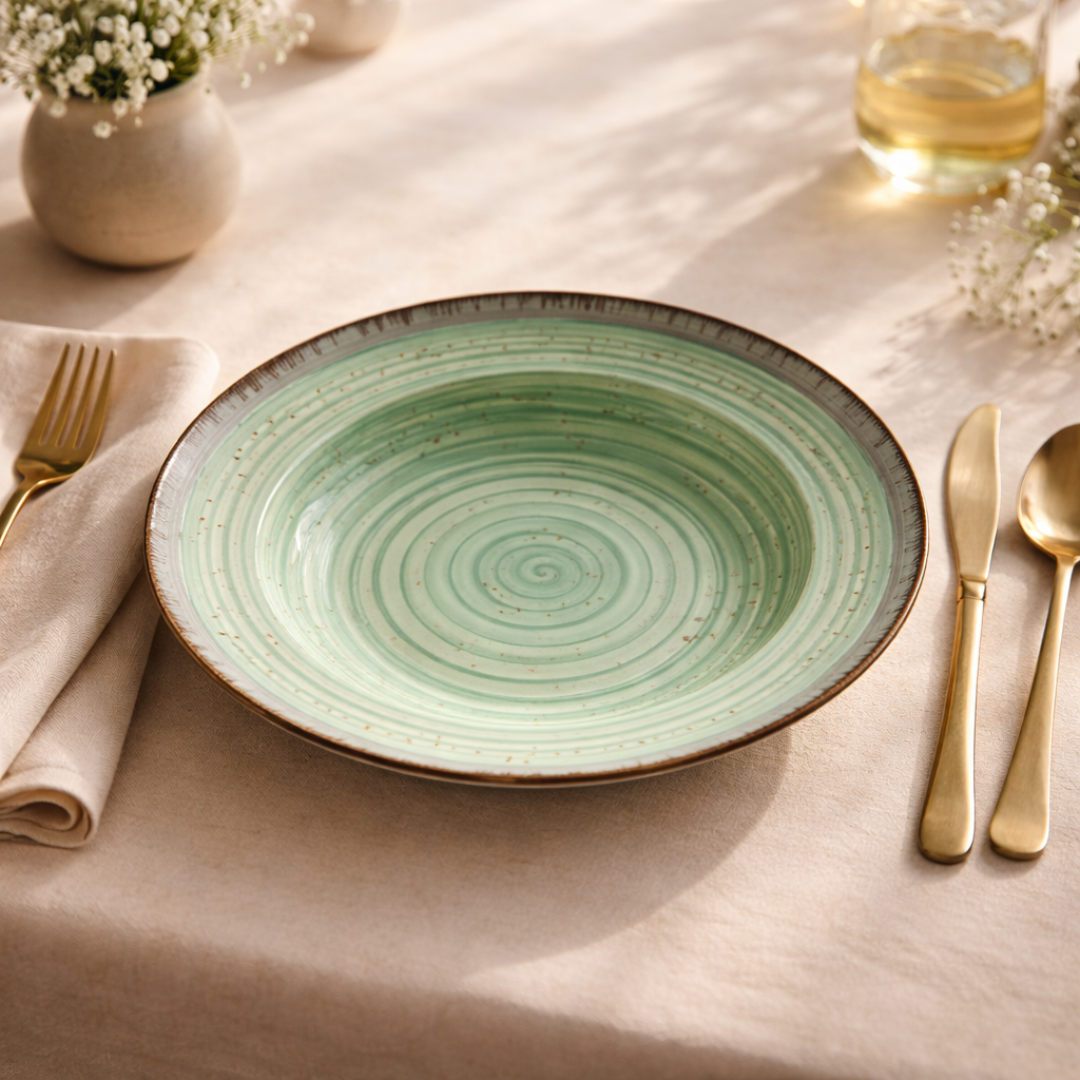 IndoCasa Handcrafted Ceramic Pasta Plate Set of 2,4 | Deep Round 9” Plates for Pasta, Salads, Bowls & Mains | Microwave & Dishwasher Safe | Sage Green with Speckled Glaze| Gift-Ready