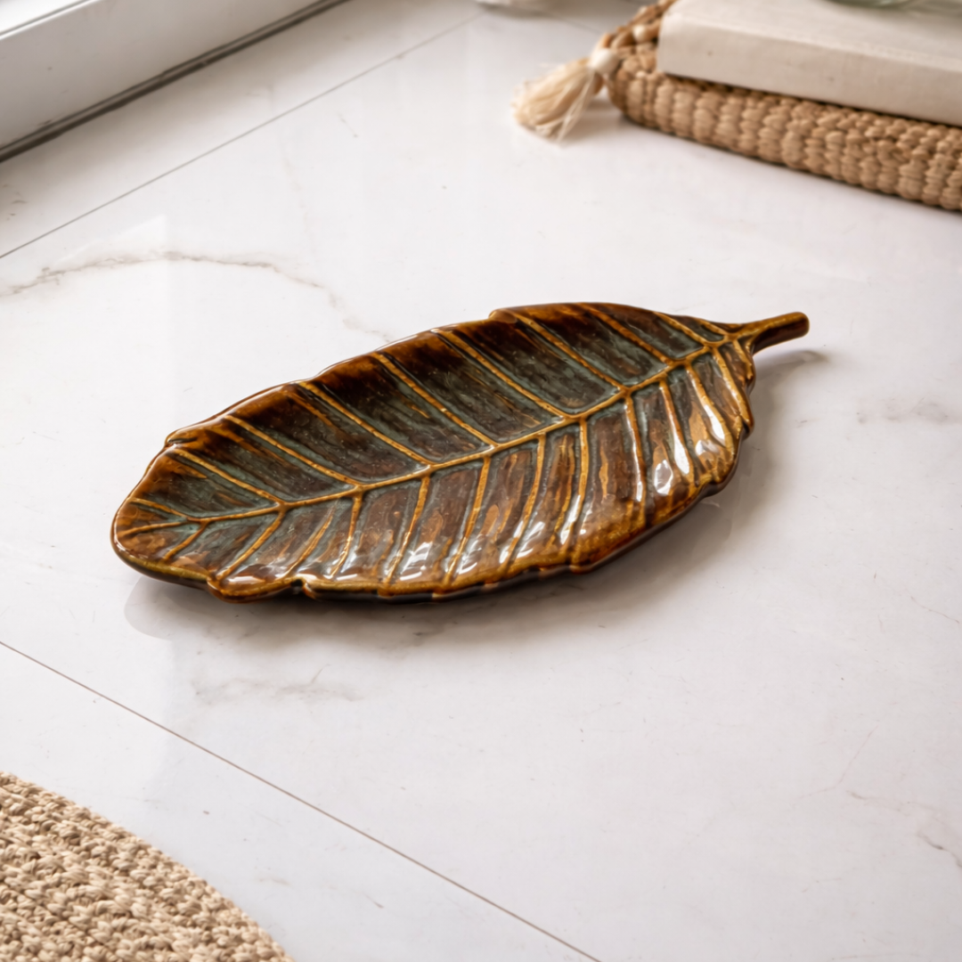 IndoCasa Handcrafted Leaf-Shaped Ceramic Platter | Brown & Green Glazed | 13” Snack & Appetiser Plate | Microwave Safe | Made in India