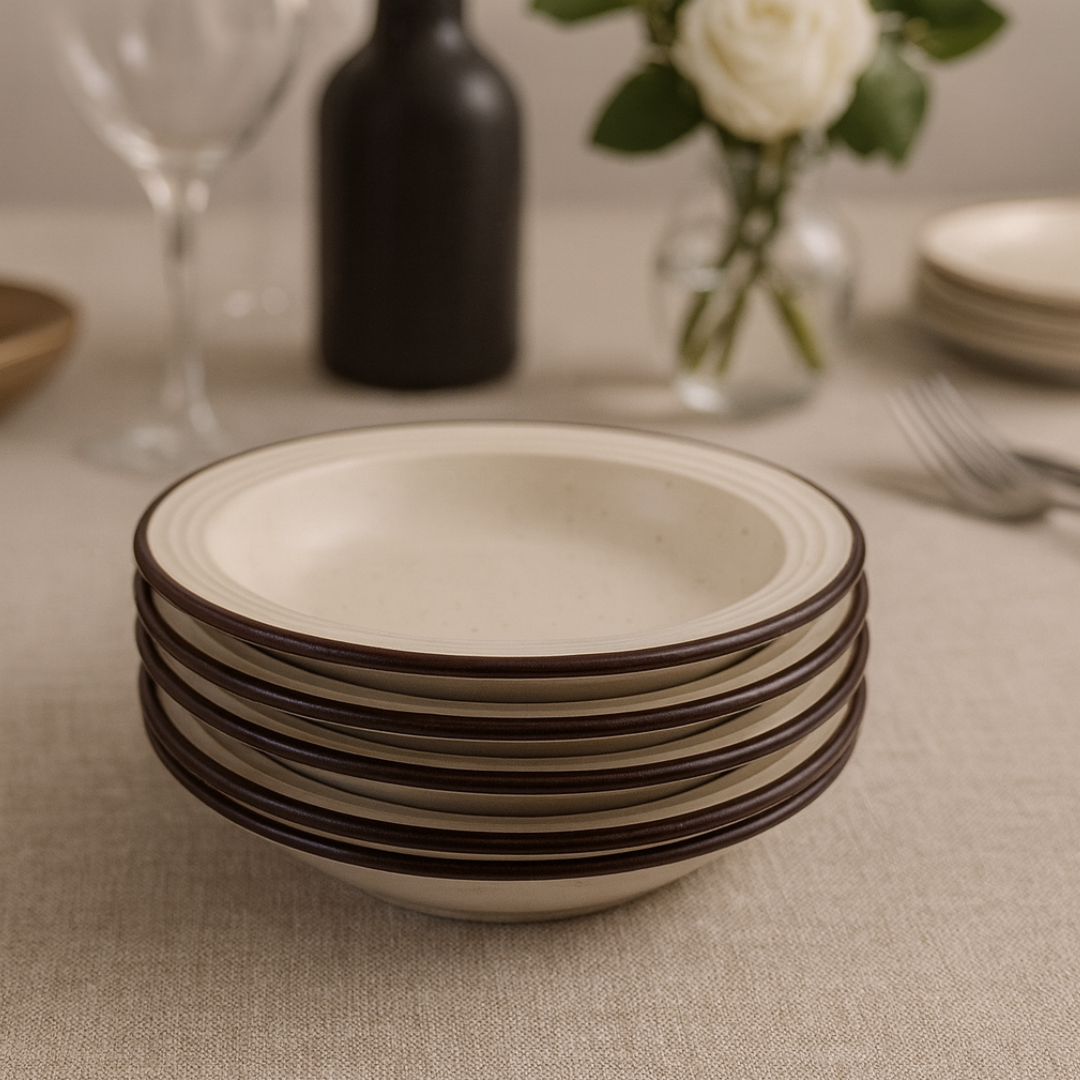 IndoCasa Handcrafted Ceramic Shallow Breakfast Bowls Set of 4 | 18 cm Speckled Off-White with Brown Rim