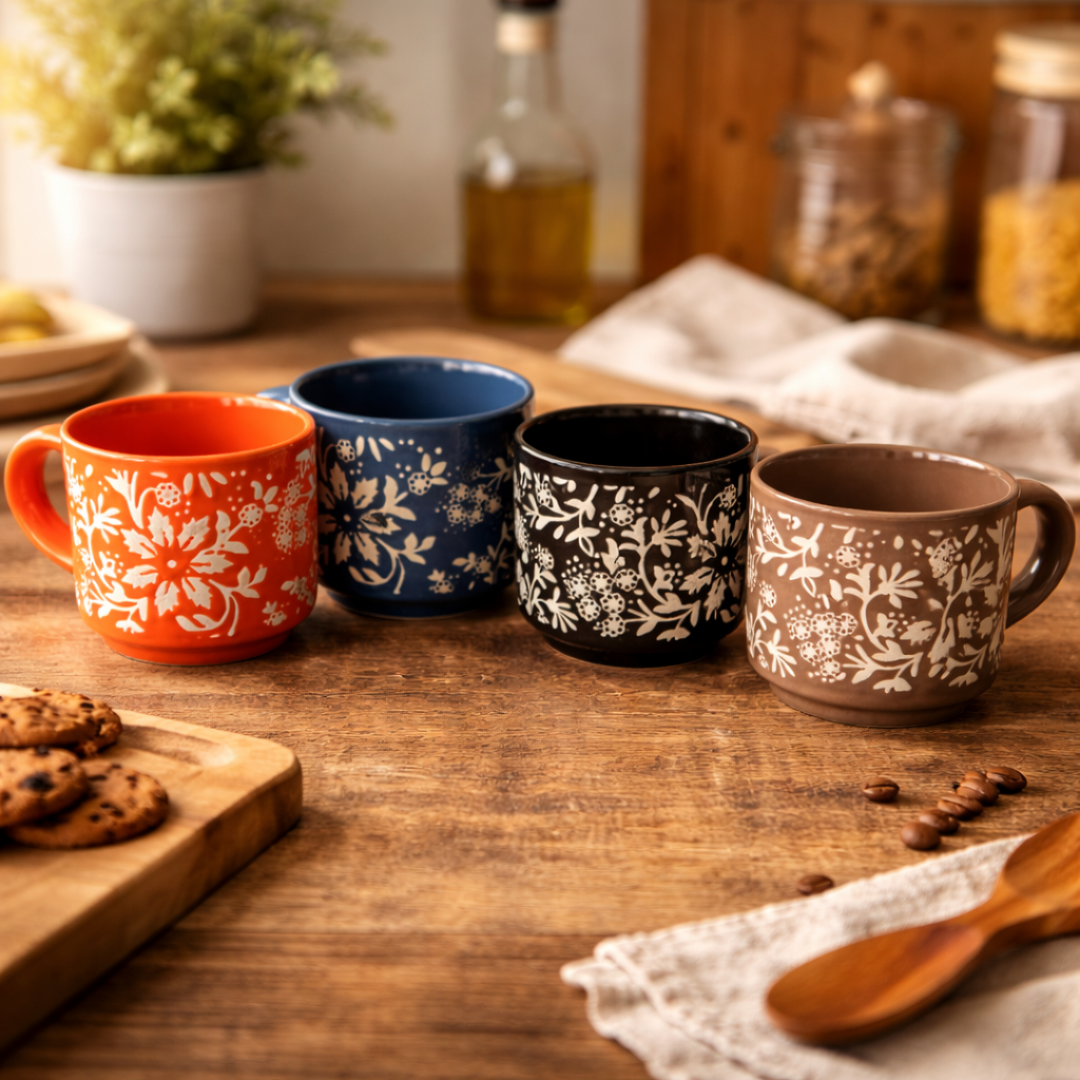 IndoCasa Ocean Floral Cups – Stackable Handcrafted Ceramic Coffee & Tea Mugs with Stand | Floral Design | Microwave & Dishwasher Safe | 220 ml (Set of 4)