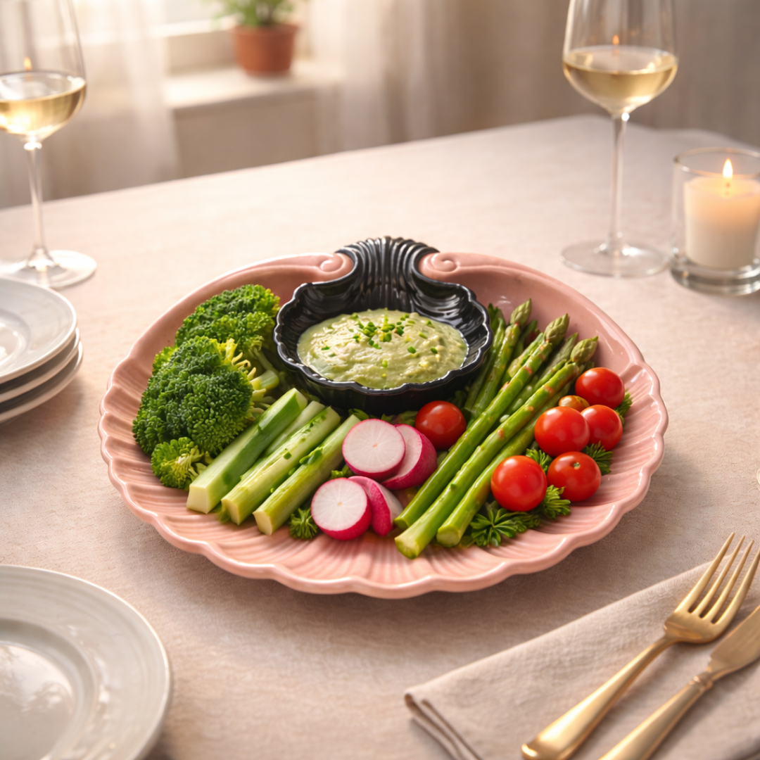 IndoCasa Shell-Shaped Ceramic Platter with Dip Bowl – White & Black | 11”