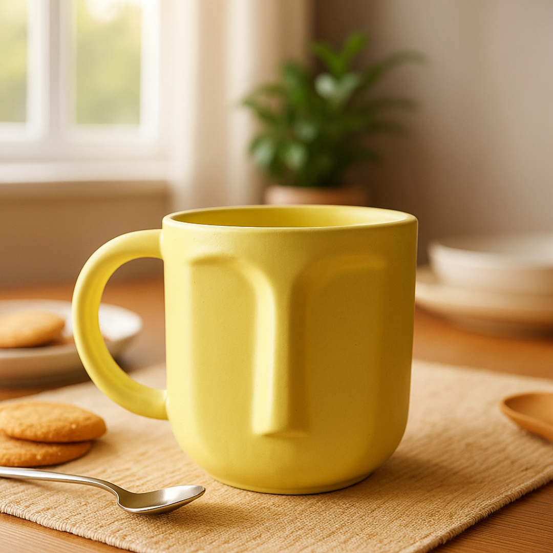 “Yellow handcrafted ceramic mug with sculpted face design on breakfast table with cookies – 380ml matte finish.”
