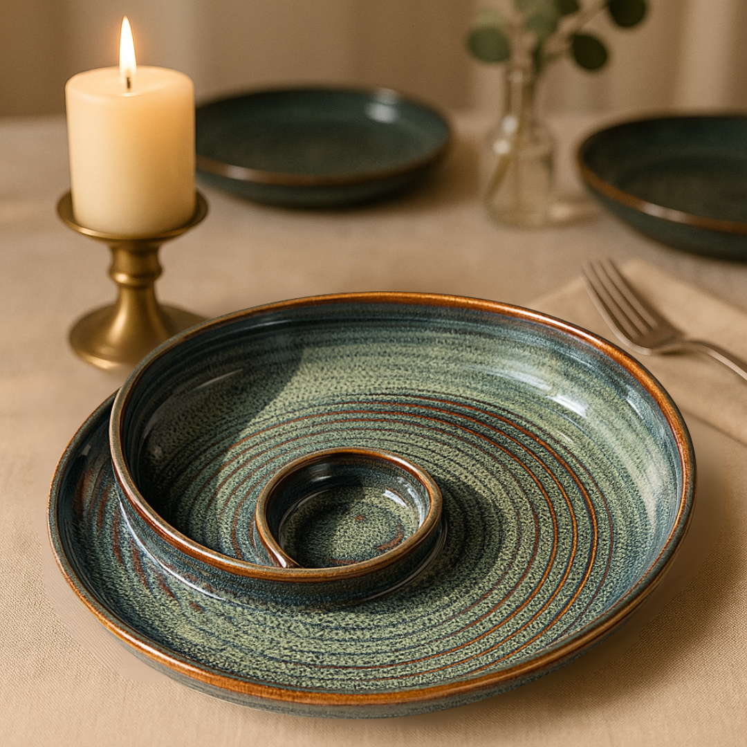 Evening dining table setup with candle, napkin, and ceramic serveware, showcasing IndoCasa spiral platter