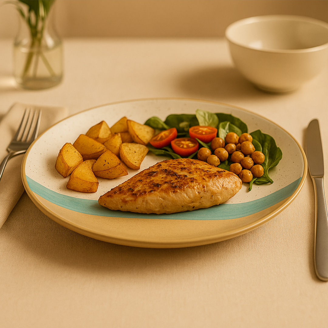 Plated meal with chicken, potatoes, and vegetables on a beige tablecloth.