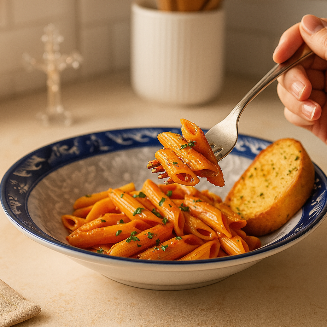 Ceramic blue floral pasta plate served with penne and garlic bread in natural light