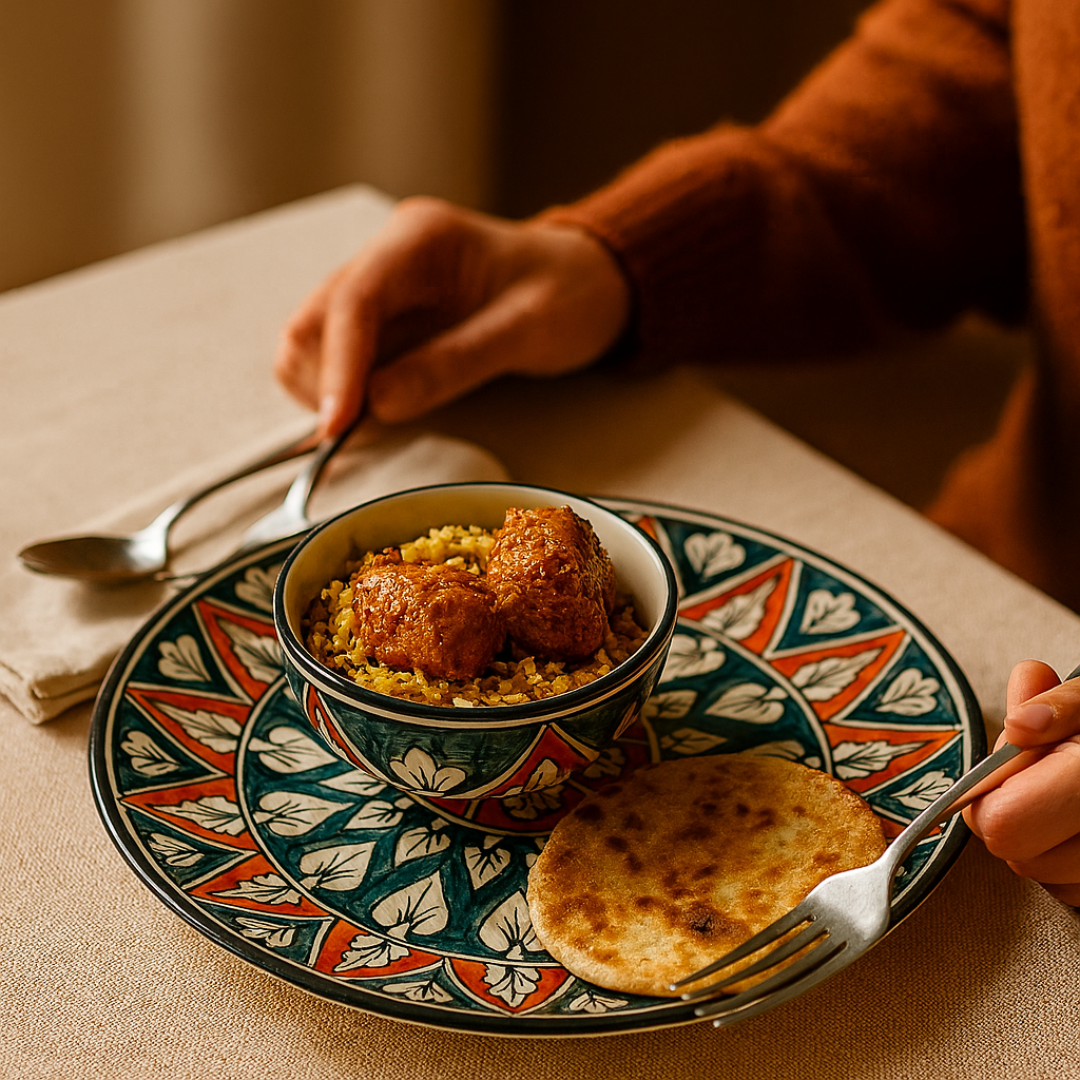 Set displayed with Indian meal and cutlery