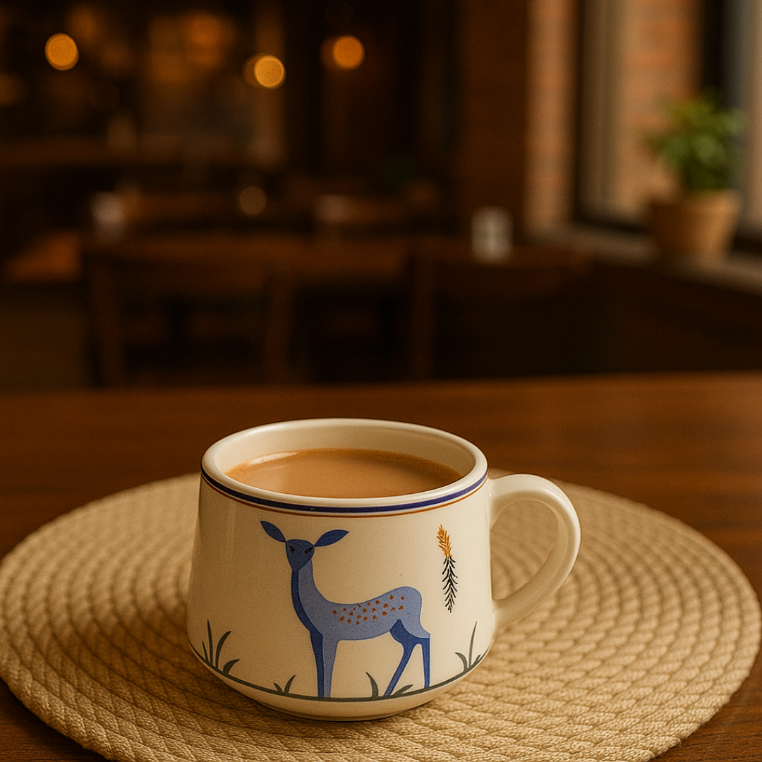 “Blue deer printed kulhad from IndoCasa filled with tea on table, ideal for daily chai sipping.”