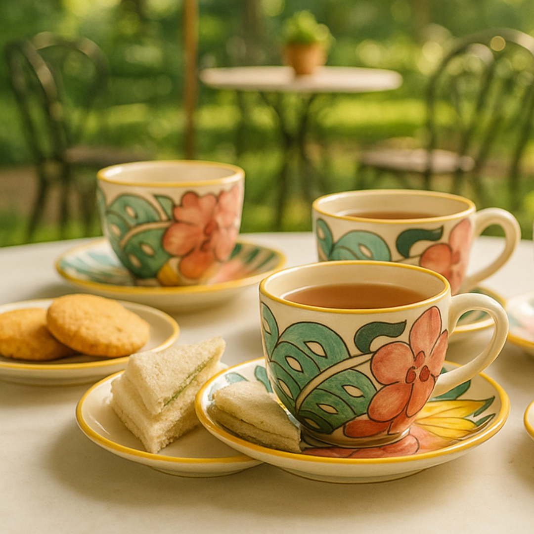 Two colorful ceramic tea cups with saucers styled with milk tea and sandwiches in a cozy garden café setting