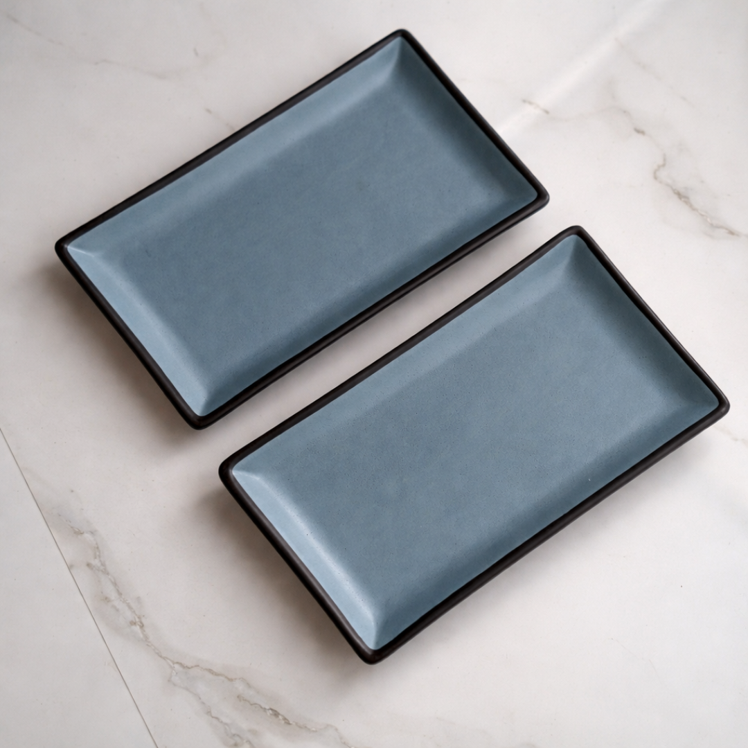 IndoCasa Handcrafted Ceramic Rectangular Serving Platter Set of 2 | Minimal Blue-Grey Glazed Platters for Snacks, Starters, Sushi & Desserts | 9.5 x 5.5 Inch | Microwave & Dishwasher Safe | Elegant Gifting