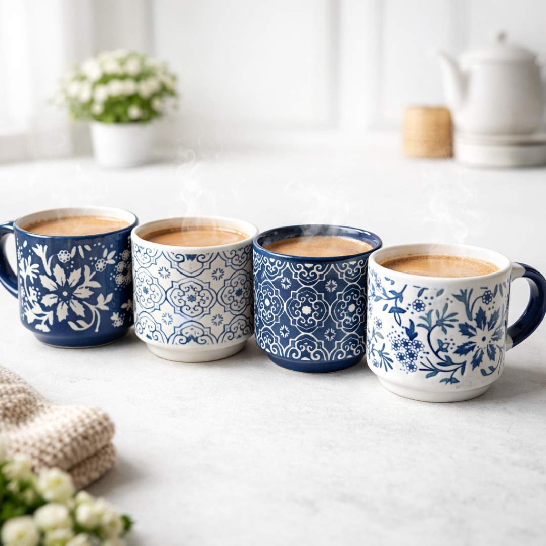 IndoCasa Ocean Floral Cups – Stackable Handcrafted Ceramic Coffee & Tea Mugs with Stand | Floral Design | Microwave & Dishwasher Safe | 220 ml (Set of 4)