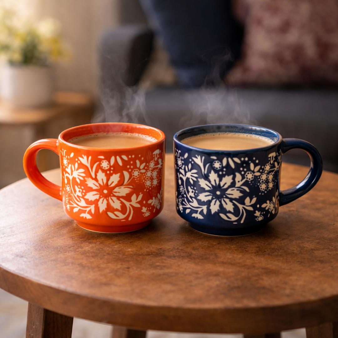 IndoCasa Ocean Floral Cups – Stackable Handcrafted Ceramic Coffee & Tea Mugs with Stand | Floral Design | Microwave & Dishwasher Safe | 220 ml (Set of 4)